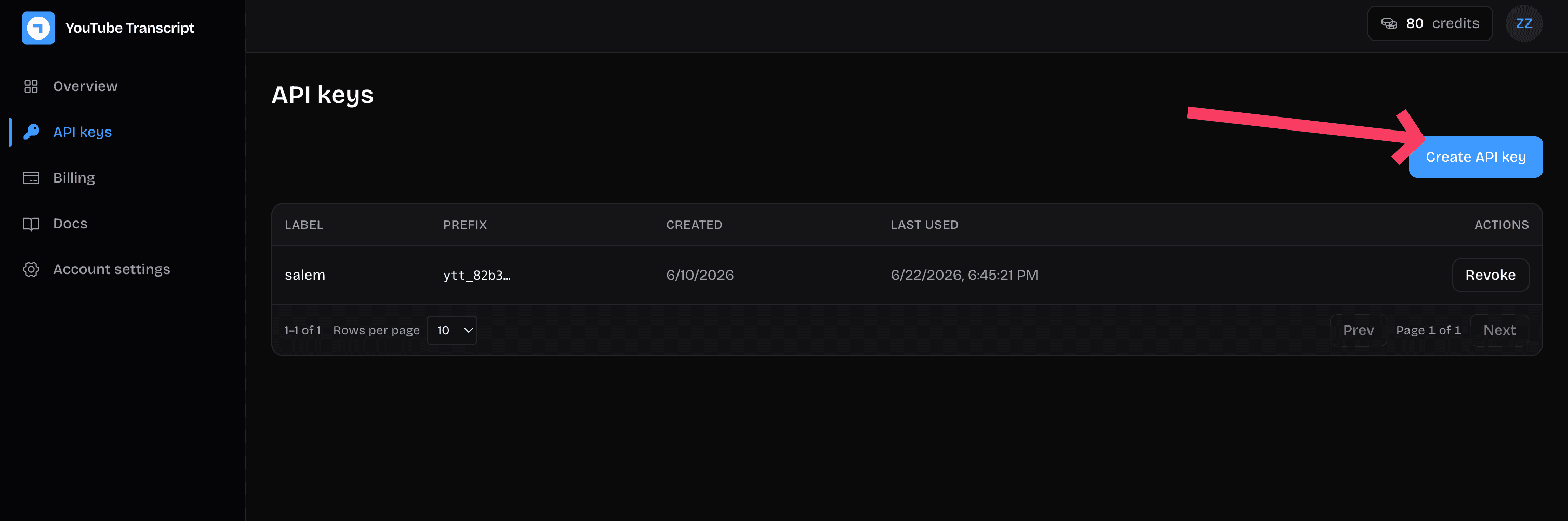 Click "Create API key" in the dashboard onboarding