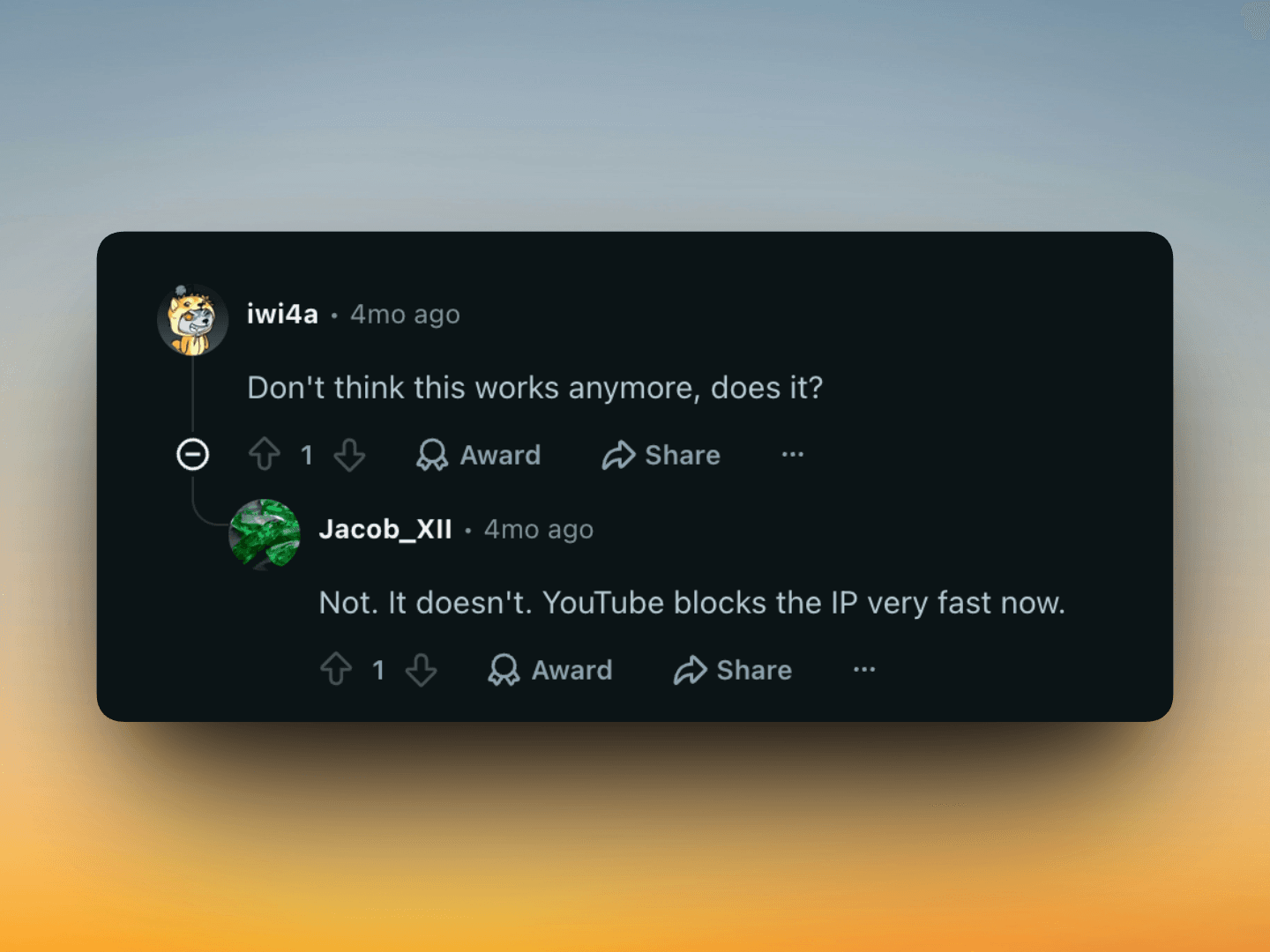 Reddit thread on r/SideProject where users report a free YouTube transcript tool no longer works because YouTube blocks the IPs fast